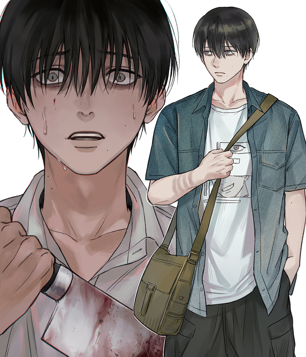 bin (binonep), tsujinaka yoshiki, hikaru ga shinda natsu, hashtag-only commentary, 1boy, black hair, black pants, blood, bloody knife, collarbone, collared shirt, denim, denim jacket, grey eyes, hair between eyes, hand in pocket, holding, holding knife, jacket, knife, looking to the side, male focus, mole, mole on cheek, mole on neck, mole under eye, mole under mouth, multiple views, nervous, nervous sweating, open clothes, open jacket, pants, shirt, short hair, simple background, slit pupils, sweat, unbuttoned, white background, white shirt