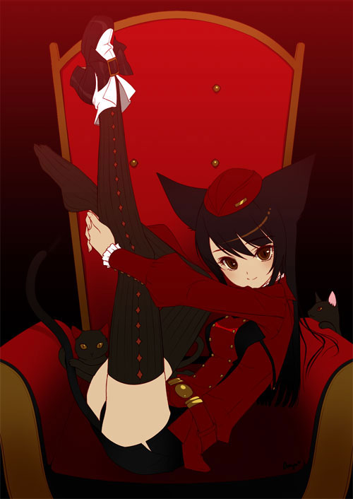 shirahane nao, bad id, bad pixiv id, 1girl, animal ears, black hair, black thighhighs, brown eyes, cat, cat ears, cat tail, feet, female focus, hugging own legs, long hair, shoes, single shoe, solo, tail, thighhighs