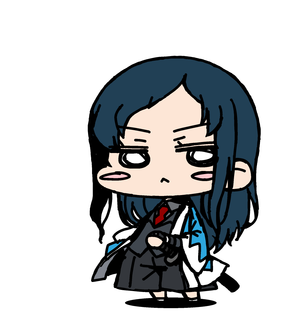 yagumo kengou, commentary request, 1girl, :<, black hair, black jacket, black pants, blue haori, blush stickers, chibi, chibi only, full body, gyousatsu shinsengumi, hand on hilt, haori, hijikata toshie, jacket, japanese clothes, katana, lapels, long hair, looking at viewer, necktie, o o, pants, parted bangs, red necktie, sheath, sheathed, shinsengumi, simple background, solo, standing, sword, weapon, white background