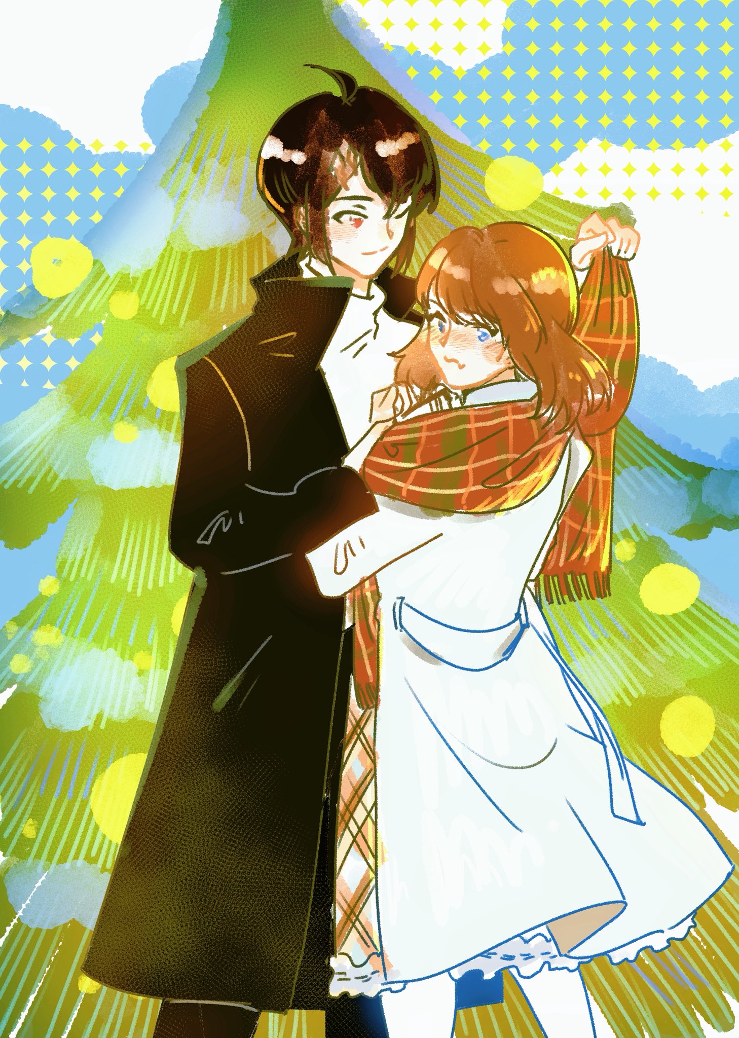 brendan (pokemon), may (pokemon), nintendo, pokemon, pokemon adventures, commentary, highres, 1boy, 1girl, abstract background, affectionate, black coat, black hair, black suit, blue eyes, blush, brown hair, coat, dots, dress, formal clothes, foxchillia, gradient background, medium hair, one eye closed, patterned background, red eyes, scarf, shirt, smile, standing, suit, tree, white coat, white dress, white shirt, winter clothes