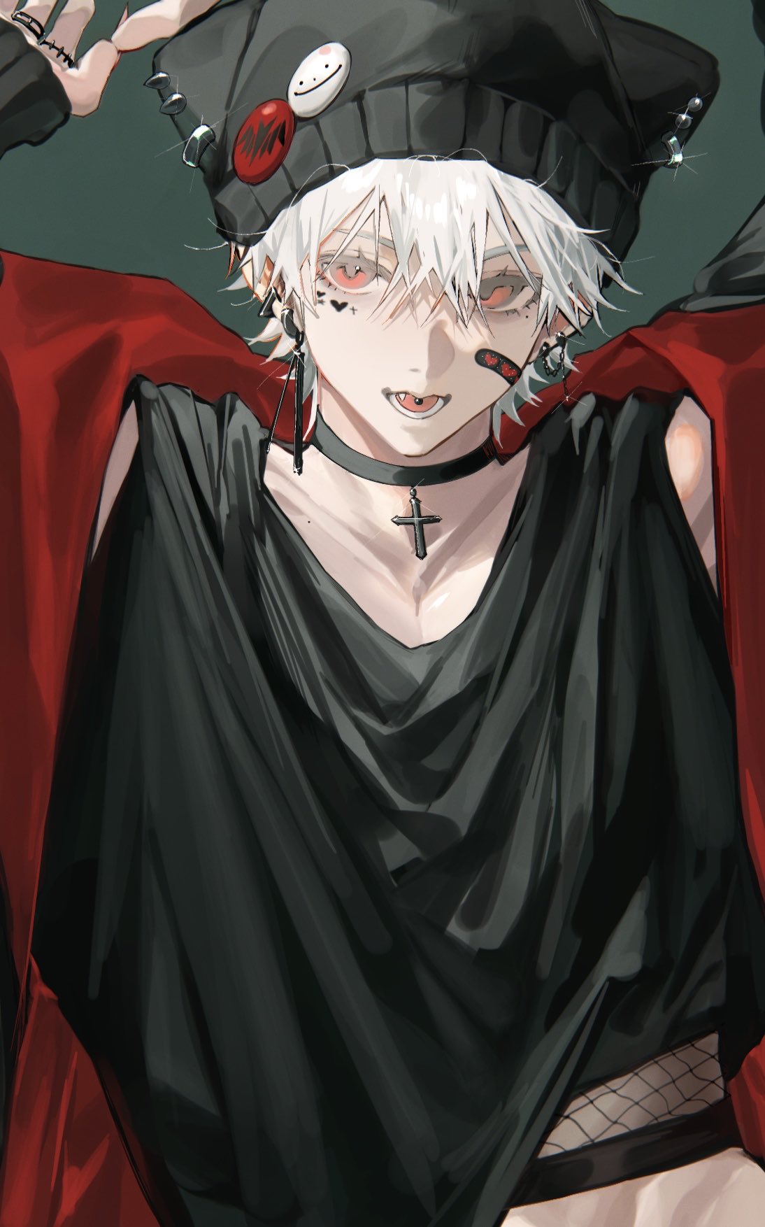 miroku (butuzo33), kuzuha (nijisanji), nijisanji, commentary, highres, 1boy, arms up, badge, bandaid, bandaid on face, beanie, black choker, black hat, black tank top, button badge, choker, collarbone, cross, cross necklace, dutch angle, ear chain, ear piercing, earrings, fishnet top, fishnets, hair between eyes, hat, jacket, jewelry, linked piercing, male focus, midriff peek, multiple earrings, necklace, open mouth, piercing, red eyes, solo, tank top, virtual youtuber, white hair