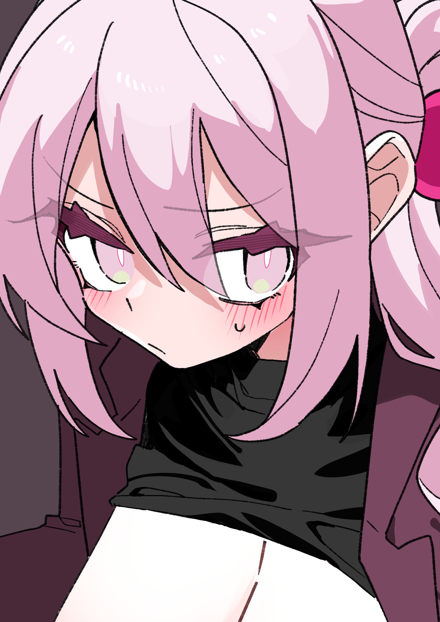 oimotororo1116, original, commentary request, highres, blush, blush stickers, breasts, cleavage, crop top, crop top lift, cropped head, cropped torso, flustered, hair between eyes, hair ornament, jacket, large breasts, open clothes, open jacket, pink eyes, pink hair, ponytail, sidelocks, sweat, thick eyelashes