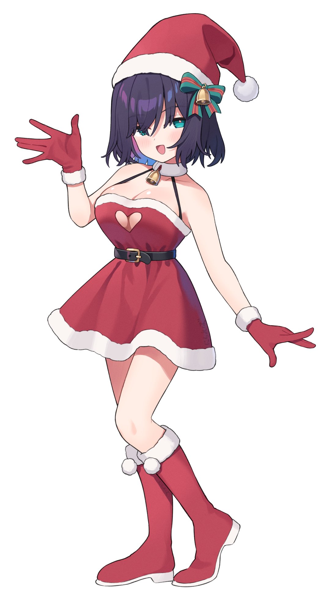 nirareba, original, commentary request, highres, 1girl, :d, bare shoulders, bell, belt, belt buckle, black belt, black hair, blue eyes, blue hair, boots, bow, breasts, buckle, cleavage, cleavage cutout, clothing cutout, dress, fur-trimmed boots, fur-trimmed dress, fur-trimmed gloves, fur-trimmed headwear, fur trim, gloves, green bow, hair over one eye, hand up, hat, heart cutout, medium breasts, multicolored hair, neck bell, open mouth, red boots, red dress, red gloves, santa costume, santa hat, simple background, smile, solo, standing, striped bow, two-tone hair, white background