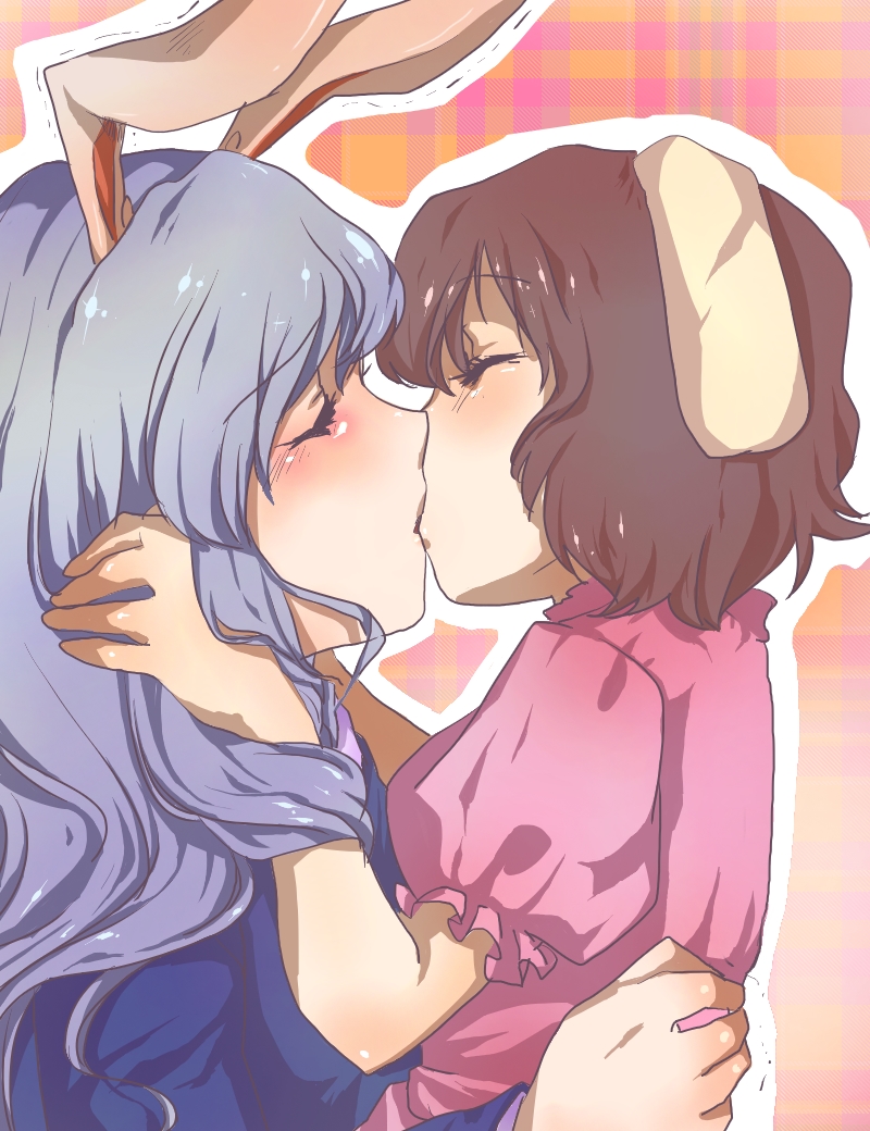 ao, pappappao, inaba tewi, reisen udongein inaba, touhou, bad id, bad pixiv id, 2girls, age difference, animal ears, blush, brown hair, child, closed eyes, couple, female focus, hug, kiss, long hair, multiple girls, onee-loli, purple hair, rabbit ears, short hair, yuri