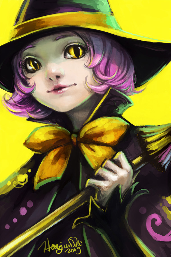 tirael, 00s, 1girl, 2009, bow, broom, female focus, halloween, hat, lips, pink hair, short hair, slit pupils, solo, witch, witch hat, yellow background, yellow eyes