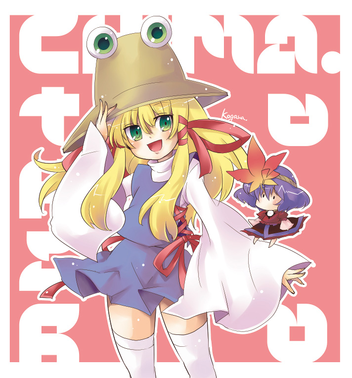 kogawa, moriya suwako, yasaka kanako, touhou, bad id, bad pixiv id, 2girls, blonde hair, chibi, female focus, green eyes, hair ribbon, hat, long hair, multiple girls, ribbon, thighhighs