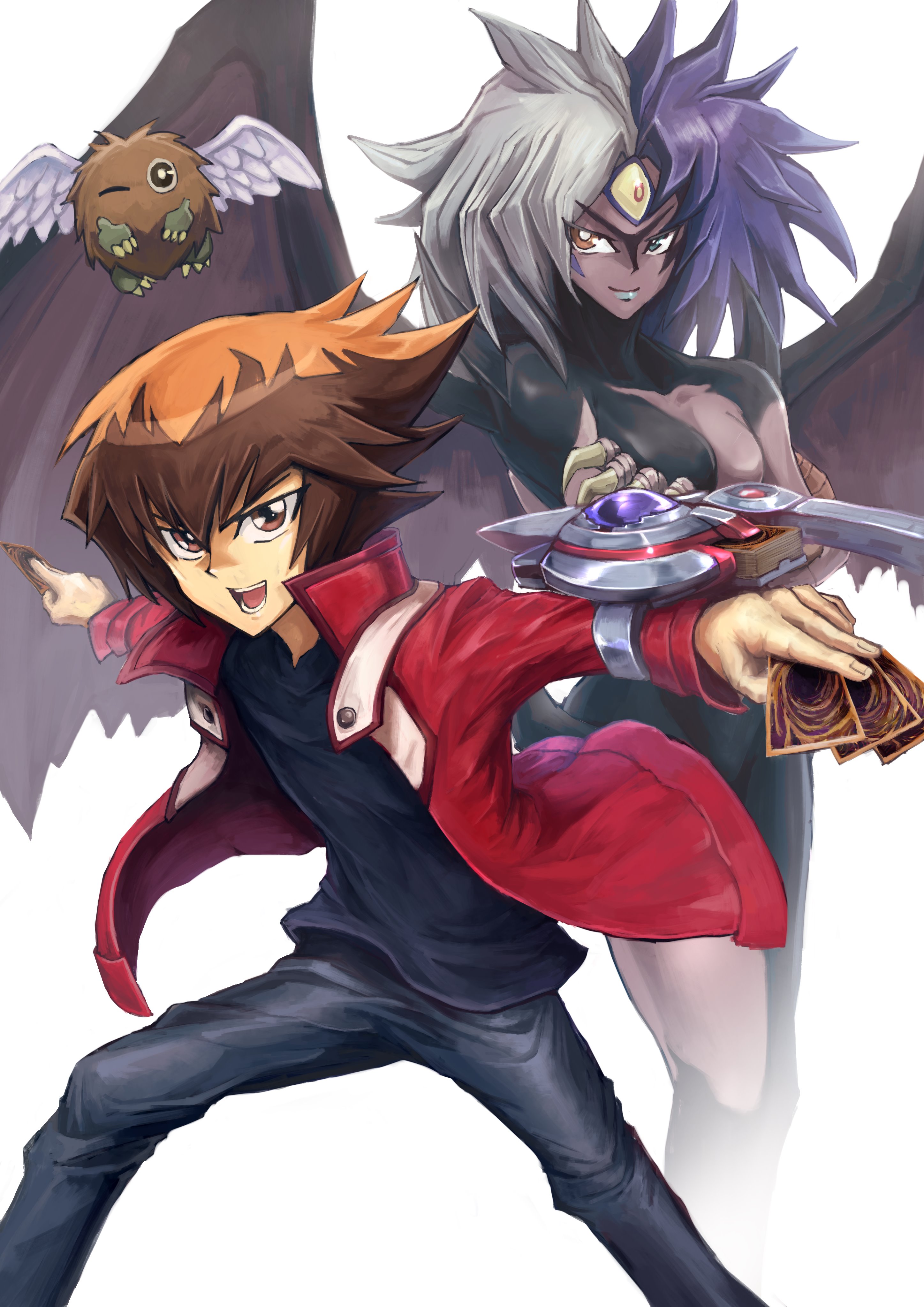 deadspike nine, winged kuriboh, yubel, yuki judai, yu-gi-oh!, yu-gi-oh! gx, absurdres, commentary request, highres, 1boy, 1other, black shirt, brown eyes, brown hair, card, claws, demon wings, duel academy uniform (yu-gi-oh! gx), duel disk, duel monster, feathers, green eyes, hair between eyes, heterochromia, holding, jacket, legs apart, long sleeves, male focus, multicolored hair, open clothes, open jacket, open mouth, orange eyes, pants, purple hair, red jacket, shirt, short hair, simple background, smile, split-color hair, standing, third eye, two-tone hair, white background, white hair, wings