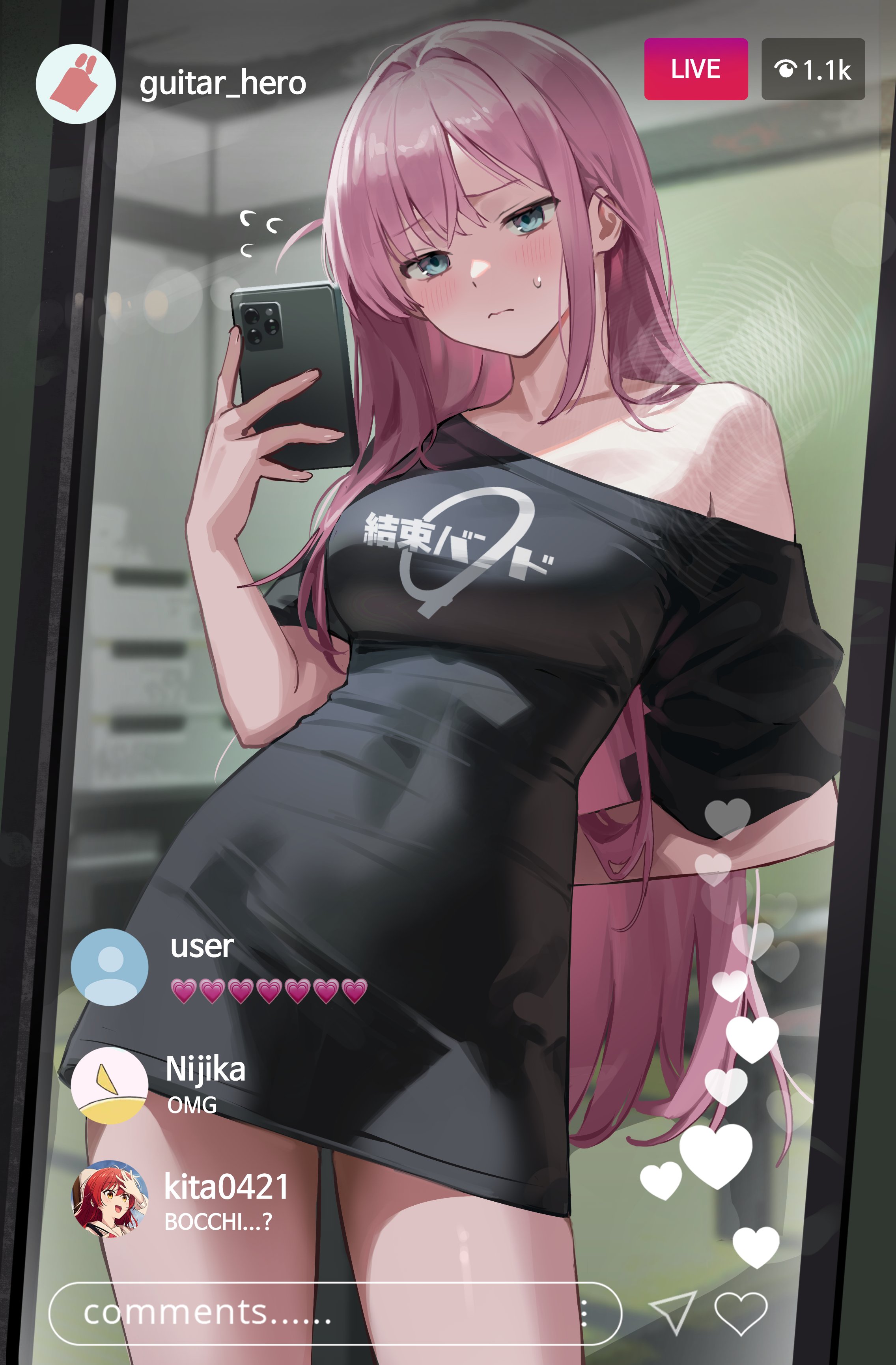 yoi don, gotoh hitori, ijichi nijika, kita ikuyo, bocchi the rock!, absurdres, commentary, highres, symbol-only commentary, 1girl, 3girls, arm behind back, baggy clothes, black dress, black shirt, blush, breasts, cellphone, covered navel, dress, female pov, full-length mirror, holding, holding phone, indoors, kessoku band logo, kessoku band t-shirt, large breasts, livestream, long hair, meme, mirror, mirror selfie, multiple girls, no pants, off shoulder, oversized clothes, oversized shirt, pajamas challenge (meme), phone, pink hair, pov, pulling own clothes, reflection, selfie, shirt, side ahoge, single bare shoulder, smartphone, solo, solo focus, t-shirt, taking picture, taut clothes, taut shirt, thighs, tight clothes, tight shirt, very long hair