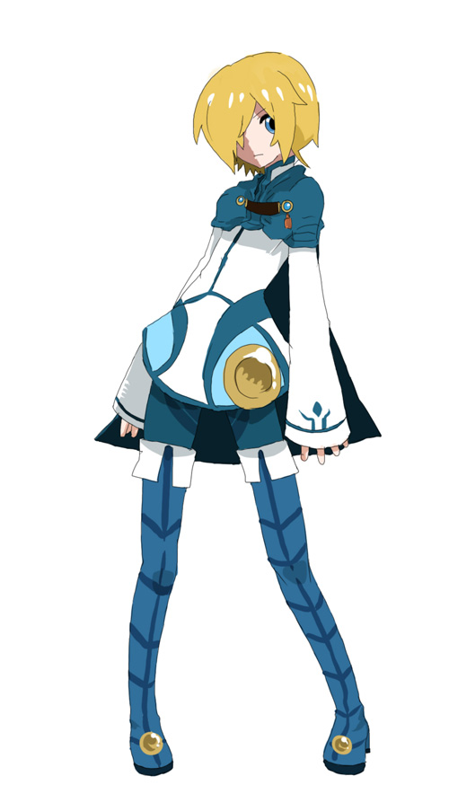 ootaki20, walter (tales), walter (tales of legendia), walter delques, tales of (series), tales of legendia, bad id, bad pixiv id, derivative work, gender request, 1boy, blonde hair, blue boots, blue eyes, boots, cape, full body, genderswap, hair over one eye, male focus, solo, standing, thigh boots, thighhighs, white background