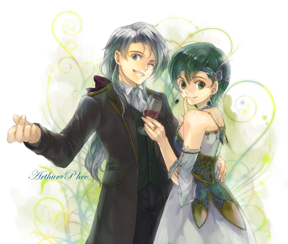 kaito (sawayakasawaday), arthur (fire emblem: genealogy of the holy war), fee (fire emblem), fire emblem, fire emblem: genealogy of the holy war, nintendo, 1boy, 1girl, alcohol, bare shoulders, blue eyes, couple, cup, detached sleeves, dress, drinking glass, earrings, finger to mouth, formal clothes, green eyes, green hair, hetero, jacket, jewelry, long coat, long hair, one eye closed, ponytail, short hair, shushing, white hair, wine, wine glass, wink