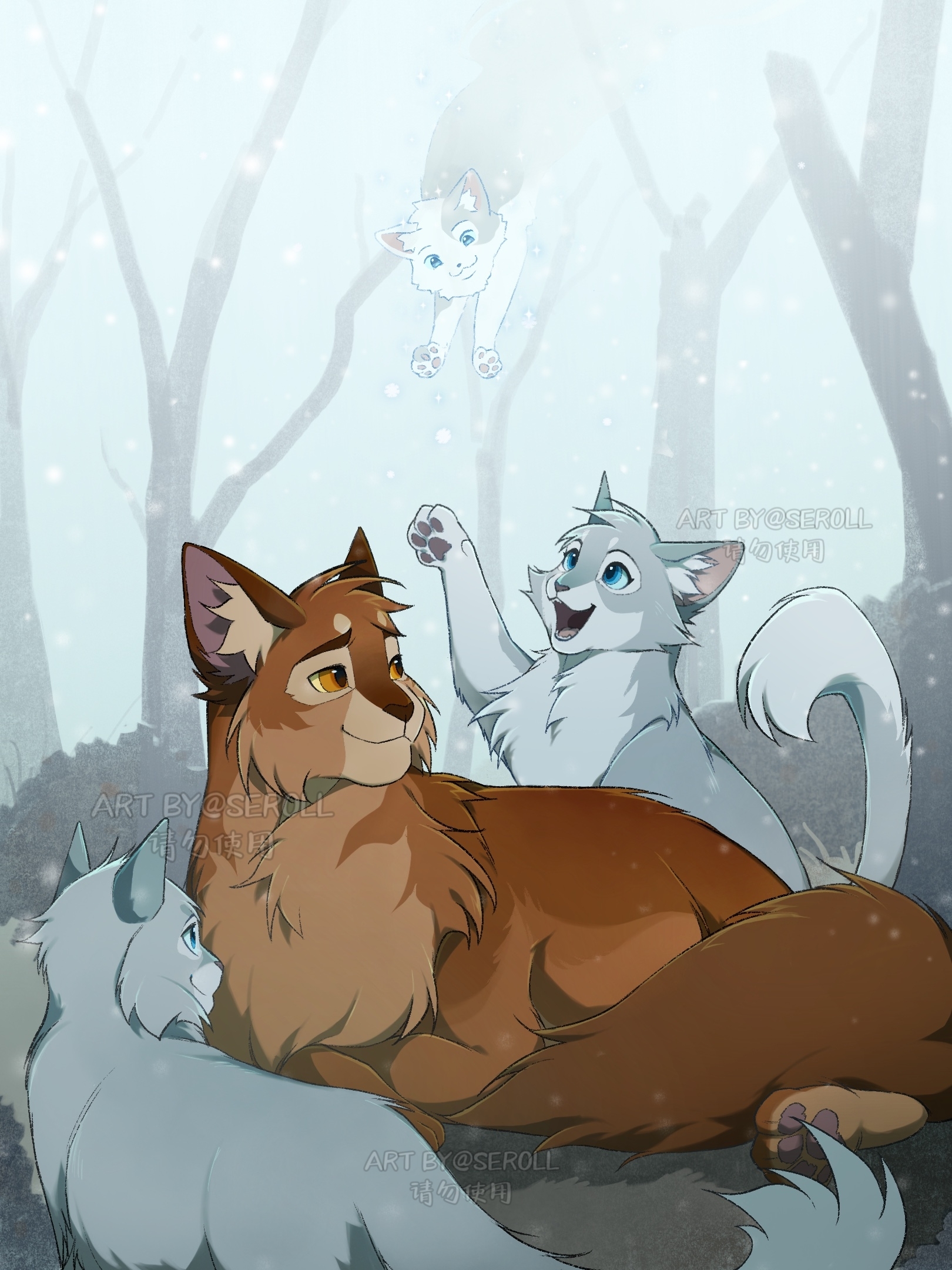 seroll, the prophecies begin, warrior cats, chinese commentary, commentary request, highres, animal, animal focus, baby animal, blue eyes, brother and sister, brown cat, cat, father and daughter, father and son, ghost, grey cat, implied death, kitten, mistystar, mosskit, no humans, oakheart, orange eyes, outdoors, pawpads, siblings, smile, snow, snowing, stonefur, tree, watermark