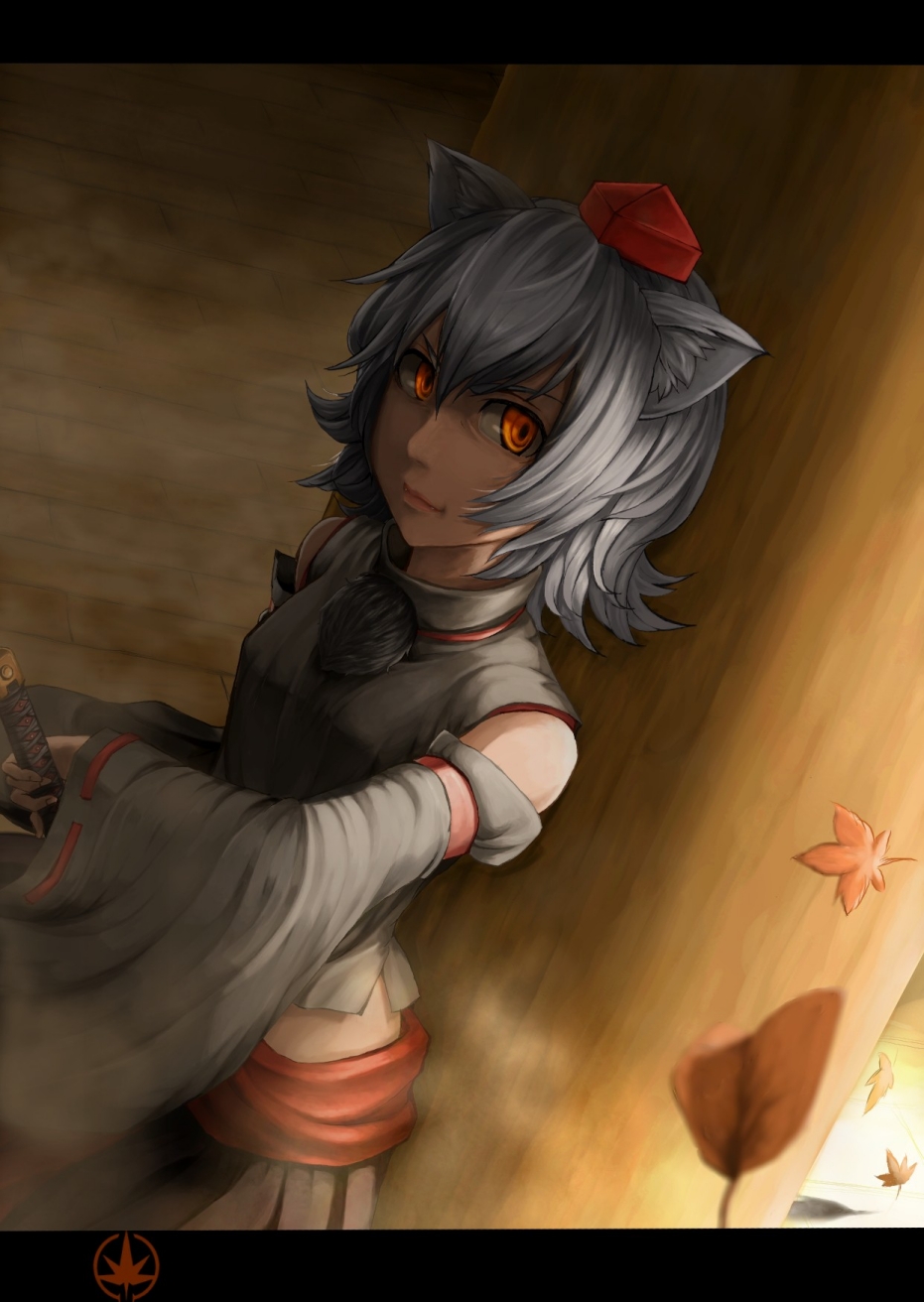 takami masahiro, inubashiri momiji, touhou, highres, 1girl, animal ears, detached sleeves, female focus, grey hair, hat, leaf, letterboxed, lips, maple leaf, orange eyes, red eyes, short hair, solo, sword, tokin hat, weapon, wolf ears