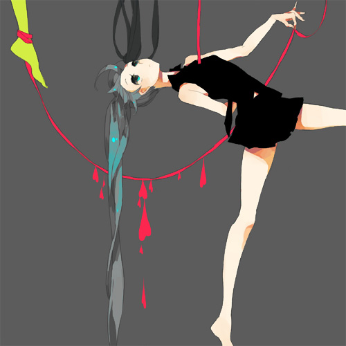 gou (tomero), tomero, hatsune miku, vocaloid, bad id, bad pixiv id, lowres, 1girl, aqua eyes, aqua hair, barefoot, female focus, heart, heart on chest, legs, long hair, simple background, skirt, solo, string, string of fate, twintails, very long hair