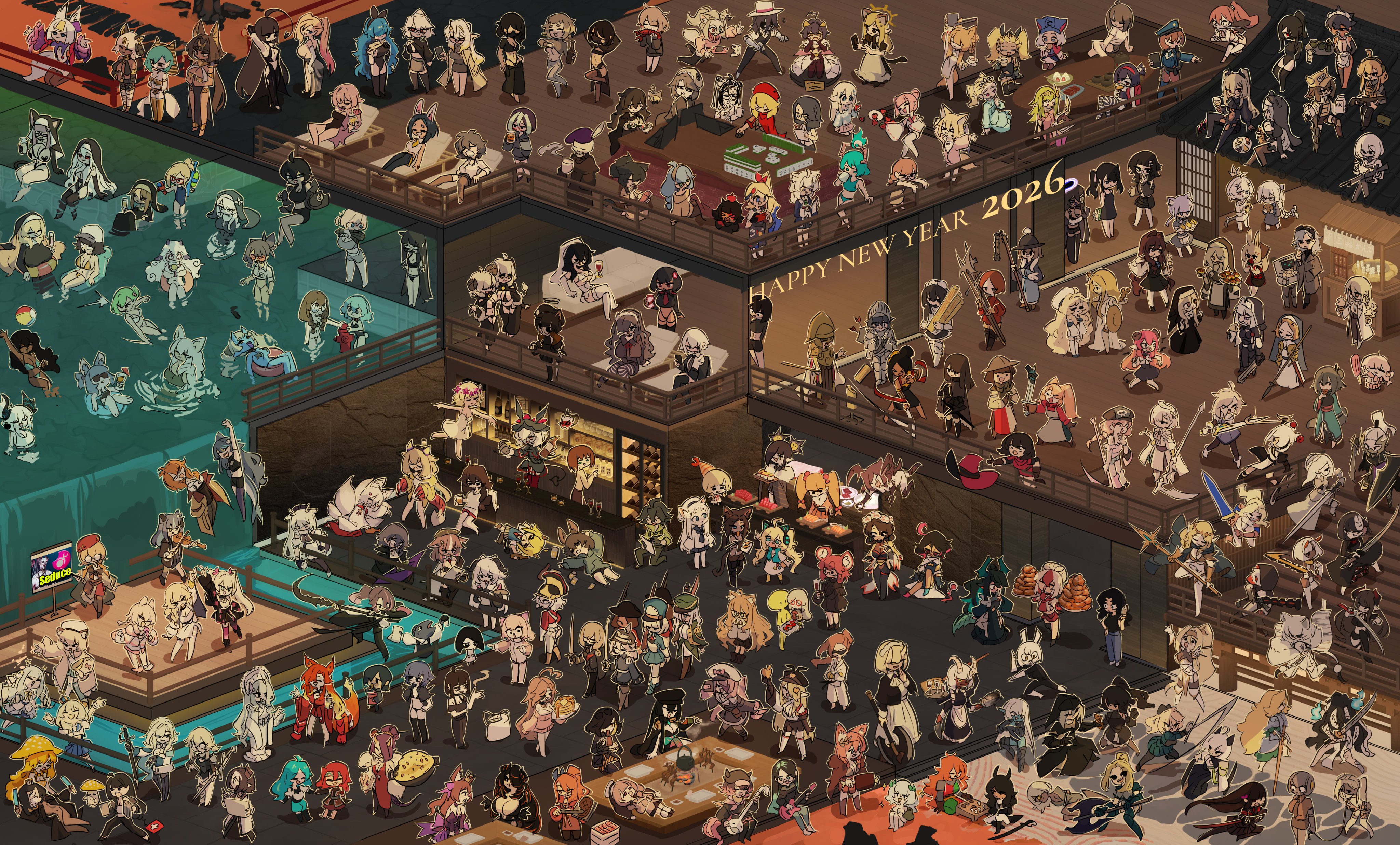 centurii-chan, aozora kyoka, centurii-chan (character), cressey (porforever), elisia valfelto, emmelot (wassnonnam), fuku oni, harsha (eisu), history teacher (lowgradef), kenny (ken ashcorp), lokulo-chan (lokulo no mawashimono), magia baiser, mesugaki (orenji), nabins (iamnabins), twin braids sister (ironlily), yamada vanhouten (mato tsuyoi), mahou shoujo ni akogarete, original, phase connect, absurdres, character request, commentary, copyright request, english commentary, highres, 2025, 2026, 6+girls, absolutely everyone, black hair, blonde hair, borrowed character, brown hair, everyone, happy new year, long hair, mahjong, medium hair, multiple girls, new year, pool, short hair, virtual youtuber