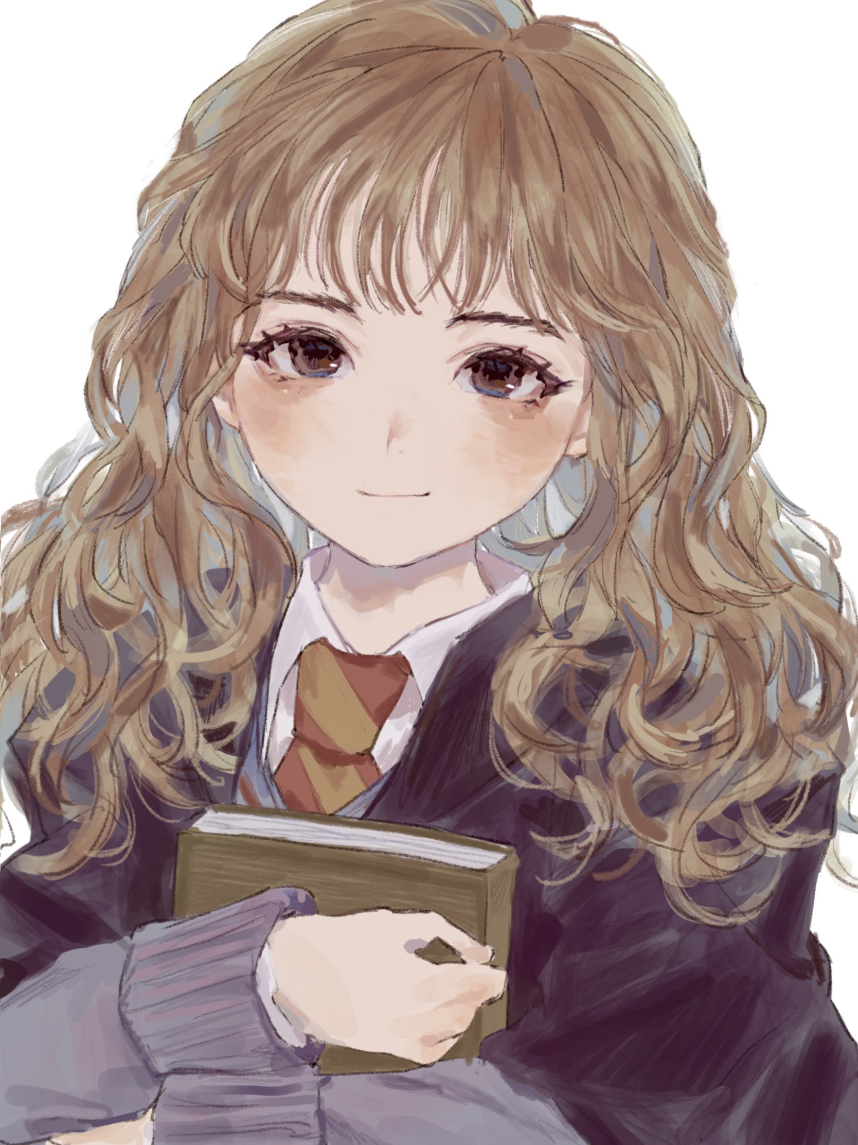 okubatomaeba, hermione granger, harry potter (series), wizarding world, highres, 1girl, black jacket, blush, book, brown eyes, brown hair, closed mouth, hogwarts school uniform, holding, holding book, jacket, long hair, long sleeves, looking at viewer, school uniform, simple background, smile, solo, upper body, wavy hair, white background, wispy bangs