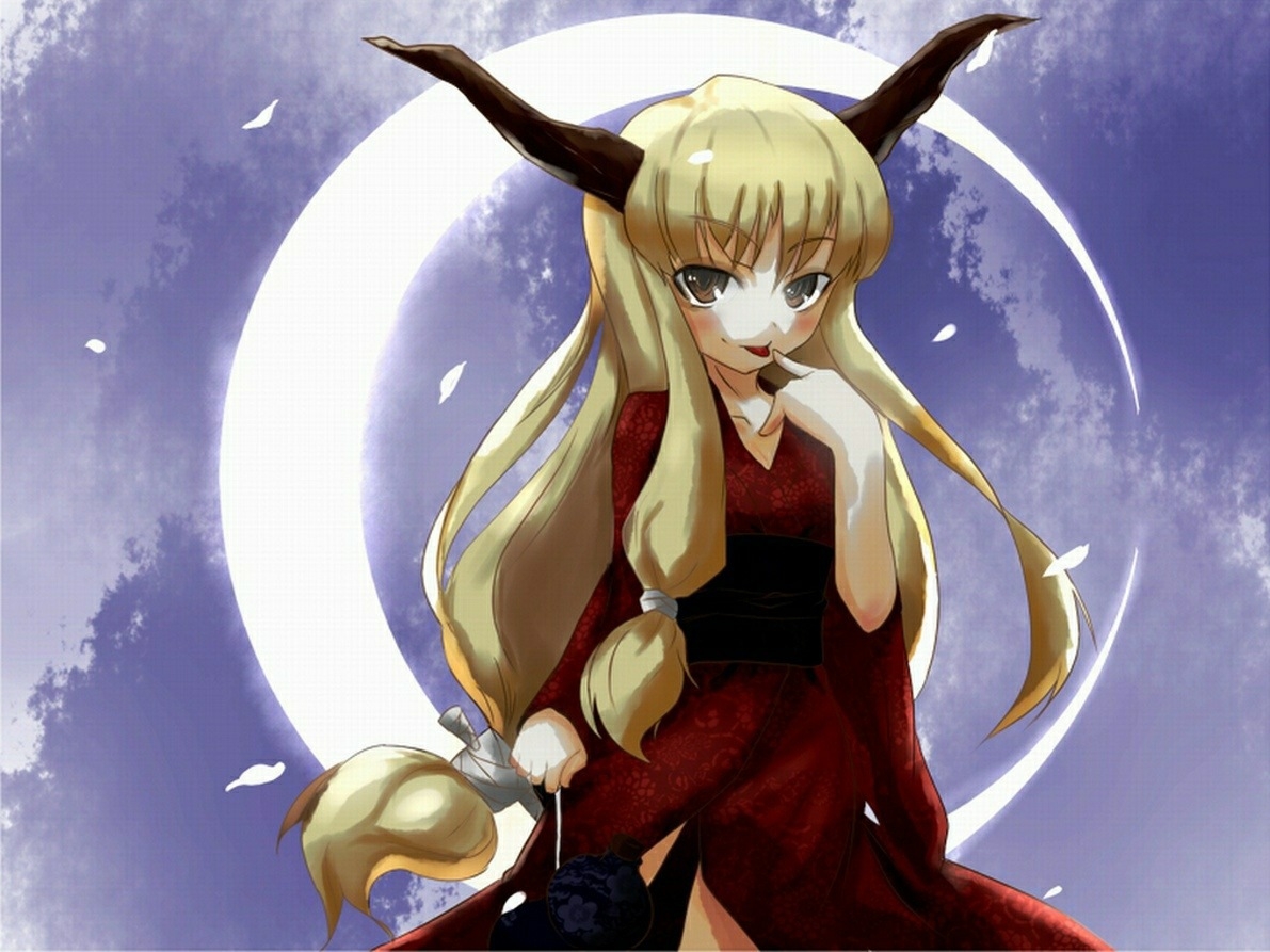 ibuki suika, touhou, scan, scan artifacts, 1girl, blonde hair, dress, female focus, gradient background, horns, japanese clothes, kimono, long hair, moon, outdoors, red dress, red kimono, ribbon, sky, solo, tongue, yellow eyes, yukata