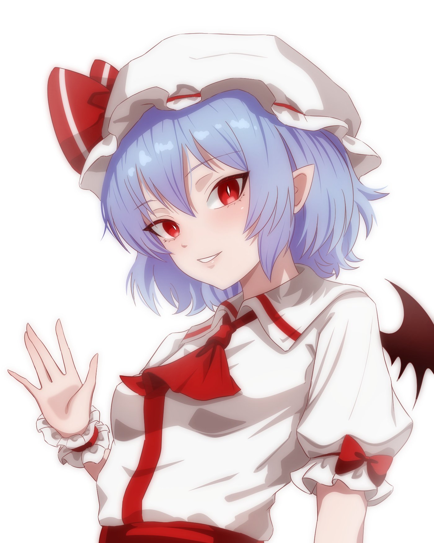 merihari07, remilia scarlet, touhou, commentary request, highres, 1girl, ascot, bat wings, blue hair, pointy ears, puffy short sleeves, puffy sleeves, red ascot, red eyes, shirt, short hair, short sleeves, smile, solo, upper body, white background, white shirt, wings
