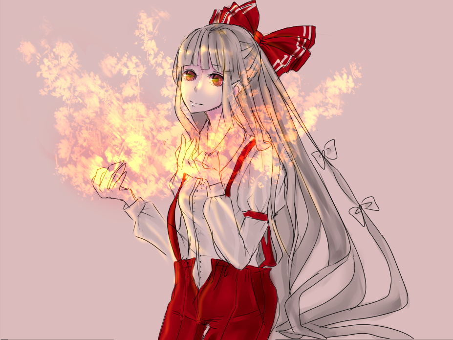 sakki kara hitorigoto (artist), sakkikara hitorigoto, fujiwara no mokou, touhou, bad id, bad pixiv id, 1girl, female focus, fire, grey hair, hair ribbon, long hair, long sleeves, pants, red eyes, ribbon, shirt, simple background, smile, solo, suspenders, very long hair, white shirt