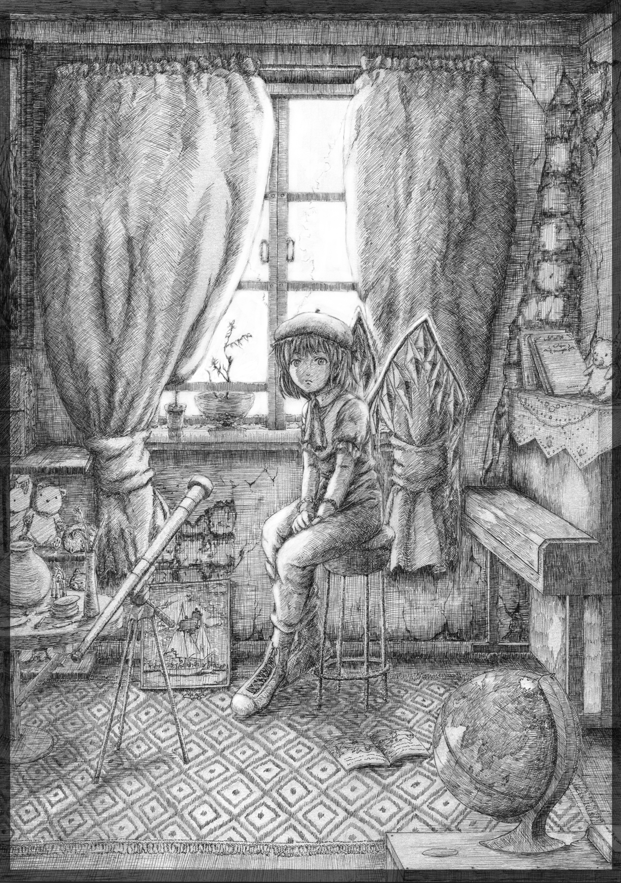 kakuzou, flandre scarlet, embodiment of scarlet devil, touhou, bad id, bad pixiv id, highres, nib pen (medium), pen (medium), traditional media, 1girl, crack, curtains, female focus, globe, greyscale, indoors, instrument, monochrome, piano, sitting, solo, stool, stuffed animal, stuffed toy, teddy bear, telescope, upright piano, window