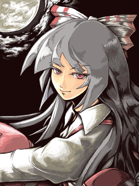 cohri, fujiwara no mokou, touhou, bad id, bad pixiv id, 1girl, cloud, dark, female focus, full moon, grey hair, hair ribbon, long hair, long sleeves, moon, night, outdoors, red eyes, ribbon, shirt, sky, smile, solo, suspenders, white shirt