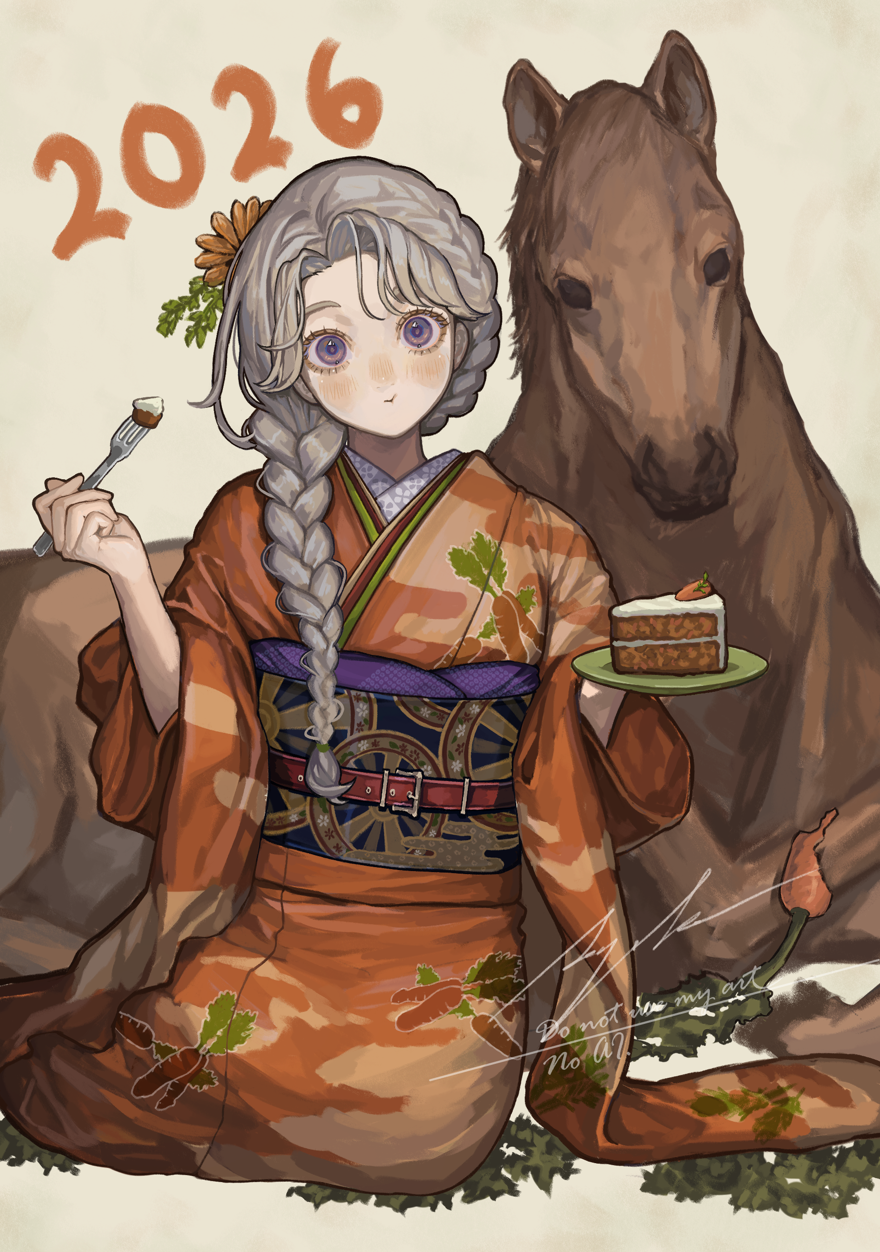 sayoko (sayosny2), original, absurdres, commentary request, highres, 1girl, 2026, :t, belt, belt buckle, blush, braid, buckle, cake, cake slice, carrot, carrot print, chinese zodiac, eating, flower, food, food print, fork, furisode sleeves, hair flower, hair ornament, holding, holding fork, holding plate, horse, japanese clothes, kimono, long hair, looking at viewer, obiage, obijime, orange kimono, plate, print kimono, purple eyes, signature, sitting, solo, year of the horse, yokozuwari