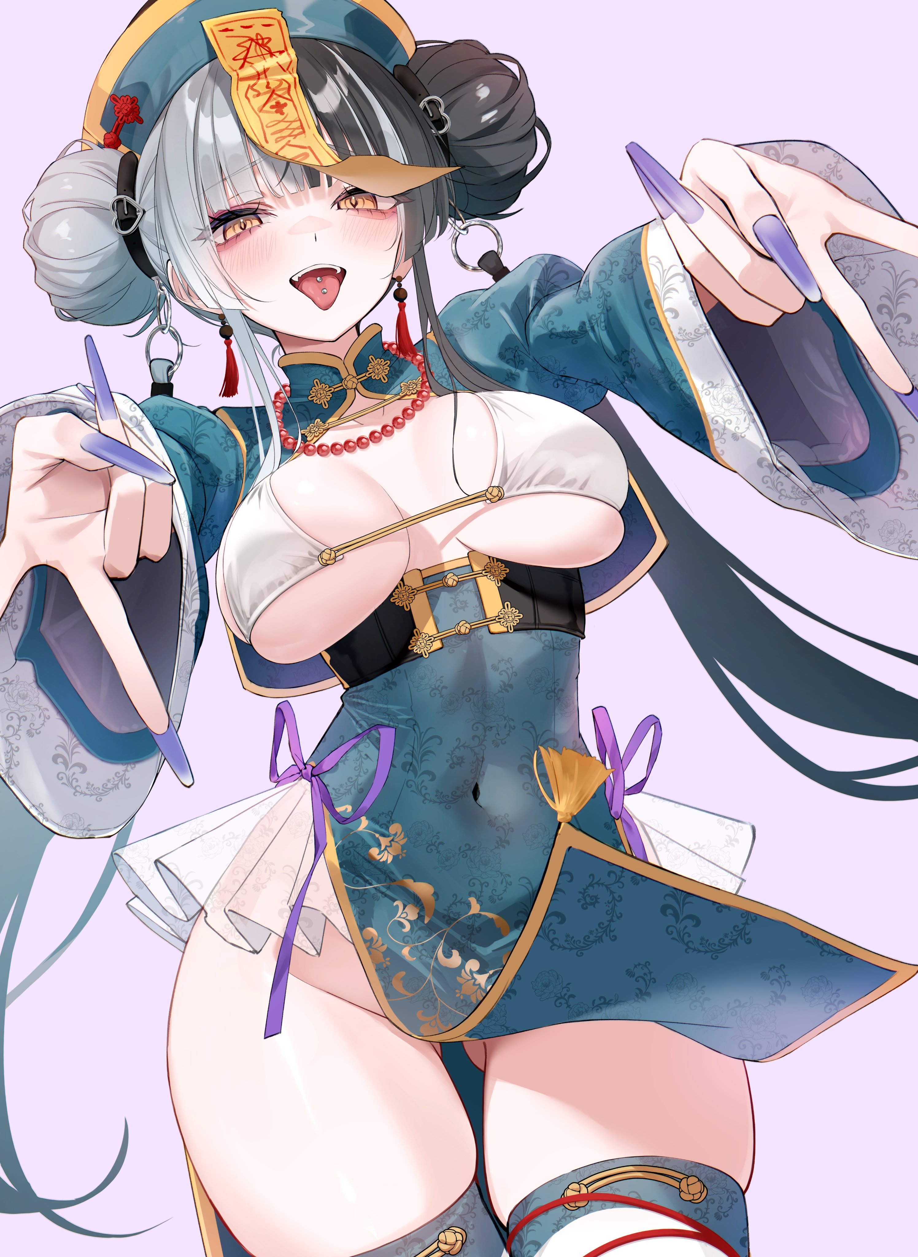 mirea, original, absurdres, commentary request, highres, 1girl, bead necklace, beads, bikini, black hair, blue dress, blue thighhighs, breasts, breasts apart, covered navel, double bun, double gyaru v, dress, earrings, fingernails, gluteal fold, gold trim, gyaru v, hair bun, hat, jewelry, jiangshi costume, juliet sleeves, large breasts, long fingernails, long sleeves, multicolored hair, nail polish, necklace, no panties, ofuda, open mouth, outstretched arms, pelvic curtain, piercing, puffy sleeves, purple nails, qingdai guanmao, see-through clothes, skindentation, smile, solo, split-color hair, string bikini, swimsuit, tassel, tassel earrings, thighhighs, thighs, tongue, tongue out, tongue piercing, two-tone hair, underbust, v, white bikini, white hair, yellow eyes