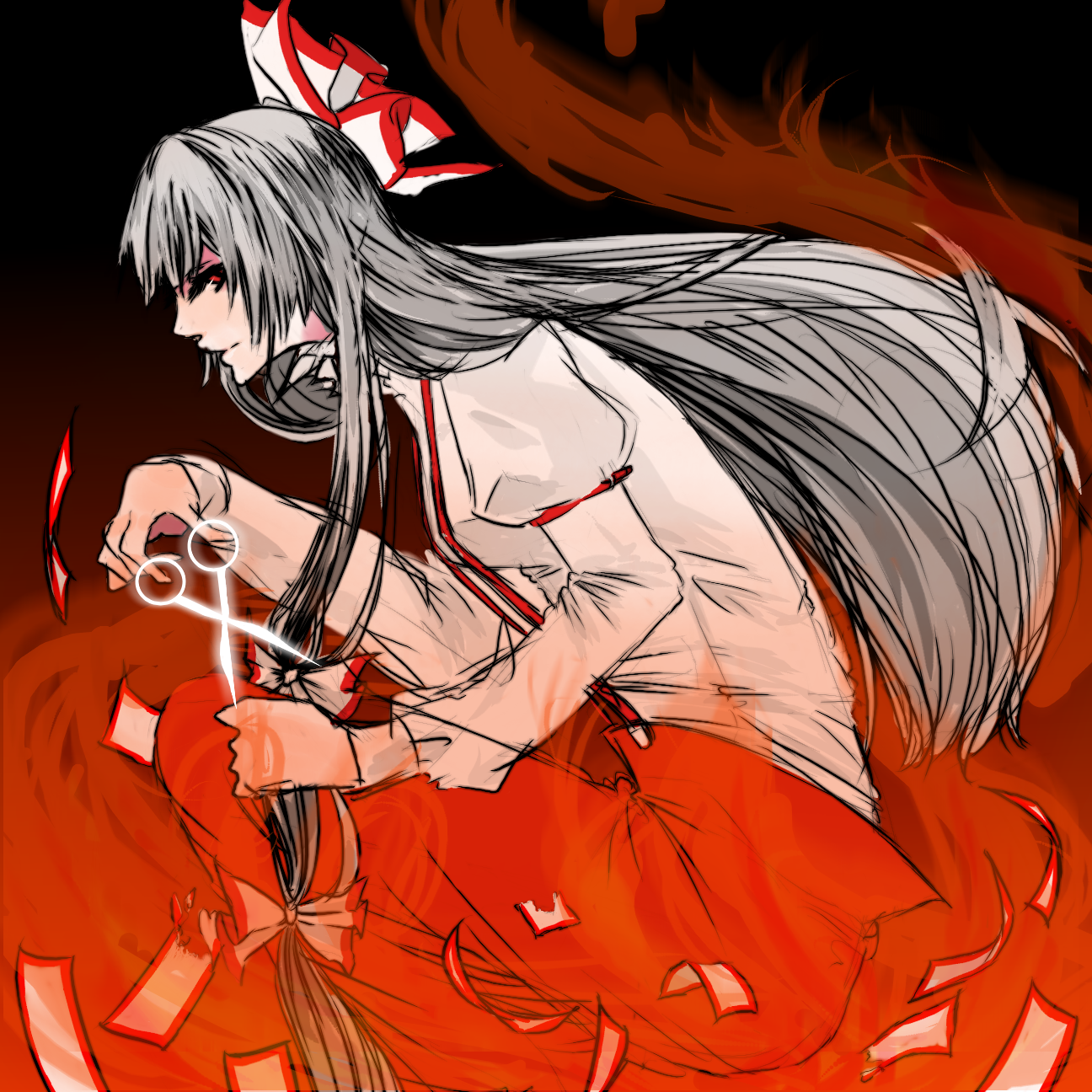 arisu1247, fujiwara no mokou, touhou, silver hair, bad id, bad pixiv id, highres, 1girl, bow, cutting hair, female focus, hair bow, long hair, multiple hair bows, profile, red eyes, scissors, solo