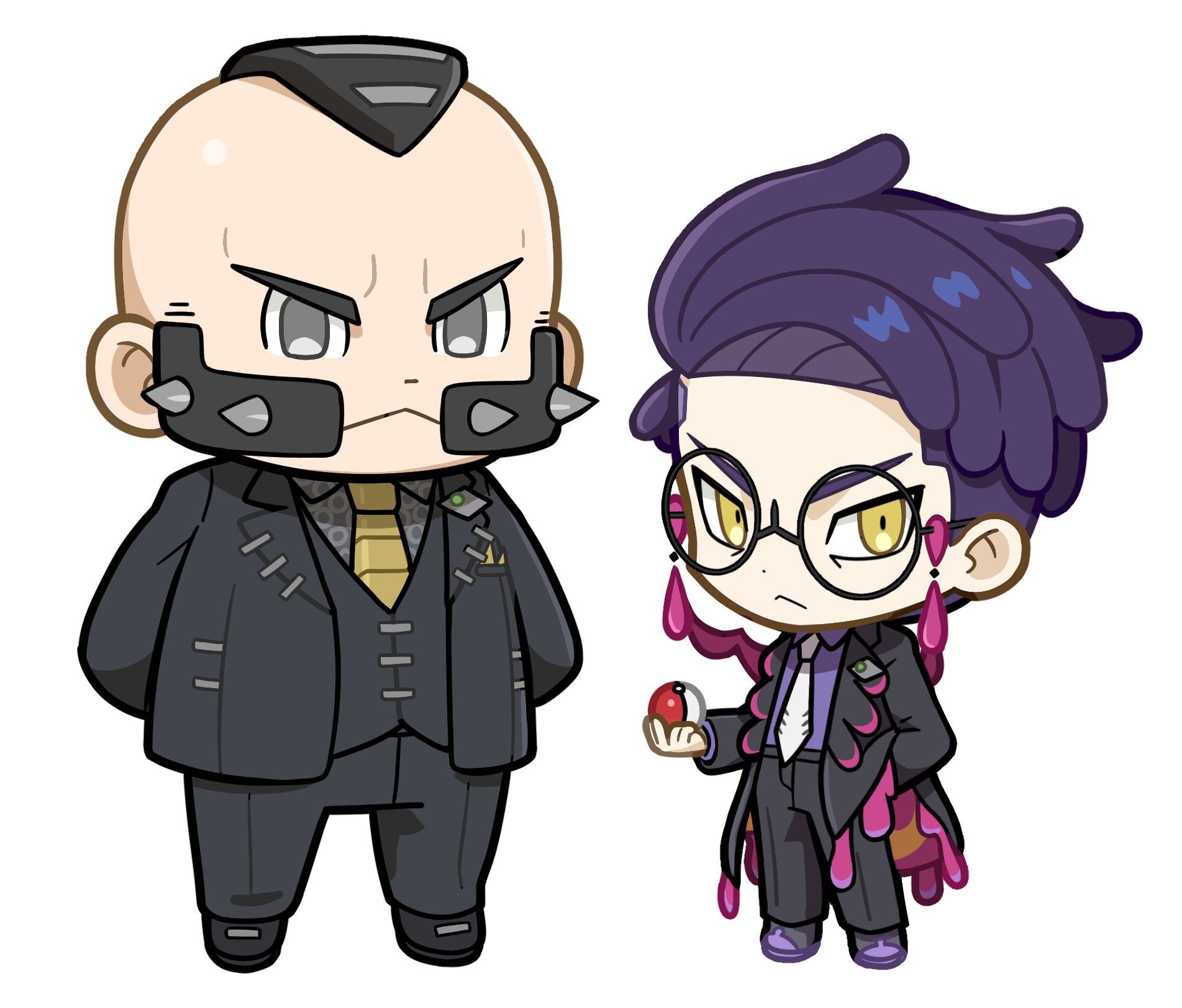 sach56000, corbeau (pokemon), philippe (pokemon), nintendo, pokemon, pokemon legends: z-a, highres, 2boys, arms behind back, black-framed eyewear, black coat, black hair, black jacket, black pants, black shoes, black vest, closed mouth, coat, collared shirt, dot nose, facial hair, frown, full body, hand in pocket, jacket, lapels, layered sleeves, long sleeves, looking to the side, male focus, mohawk, multiple boys, necktie, open clothes, open coat, pants, parted hair, purple hair, purple shoes, round eyewear, shirt, shirt tucked in, shoes, sideways glance, simple background, standing, tassel, two-sided coat, two-sided fabric, v-shaped eyebrows, vest, white background, white necktie, wing collar, yellow necktie