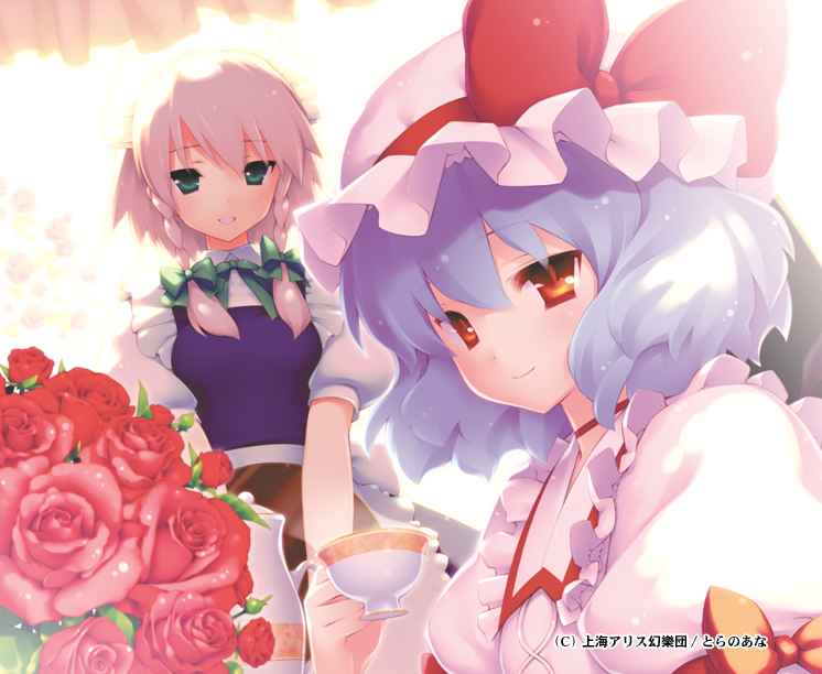 gayarou, izayoi sakuya, remilia scarlet, touhou, silver hair, 2girls, blue eyes, blue hair, braid, brown eyes, female focus, flower, green eyes, hat, maid, multiple girls, purple hair, rose, short hair, sitting, teeth, twin braids
