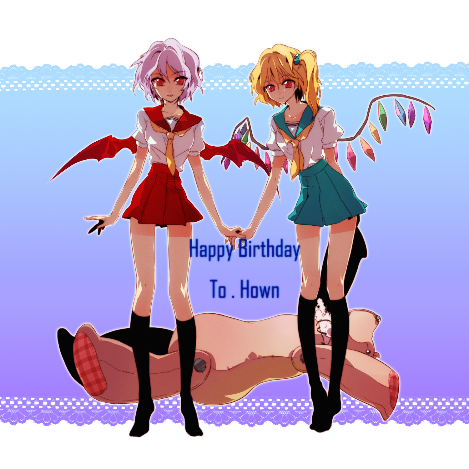 agi (kankarado), flandre scarlet, remilia scarlet, touhou, plaid, bad id, bad pixiv id, highres, 2girls, alternate costume, alternate hairstyle, bat wings, blonde hair, female focus, holding hands, kneehighs, miniskirt, multiple girls, no shoes, pleated skirt, purple hair, red eyes, school uniform, serafuku, short hair, siblings, side ponytail, sisters, skirt, socks, stuffed animal, stuffed toy, tiptoes, wings