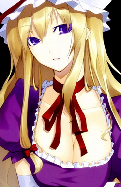 shingo (missing link), yakumo yukari, touhou, lowres, blonde hair, breasts, choker, cleavage, elbow gloves, frills, gloves, hat, long hair, purple eyes, ribbon choker, short sleeves, simple background, solo