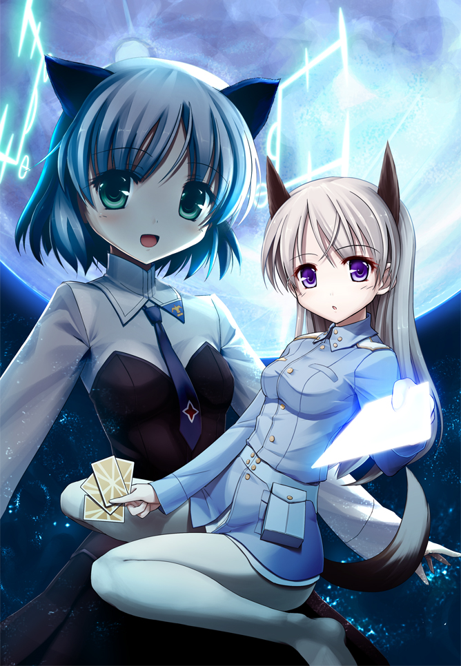 messy (efuya), eila ilmatar juutilainen, sanya v. litvyak, strike witches, world witches series, silver hair, uniform, bad id, bad pixiv id, 00s, 2girls, animal ears, antennae, blonde hair, blue eyes, cat ears, cat tail, full moon, green eyes, hirschgeweih antennas, long hair, moon, multiple girls, pantyhose, short hair, tail, white pantyhose