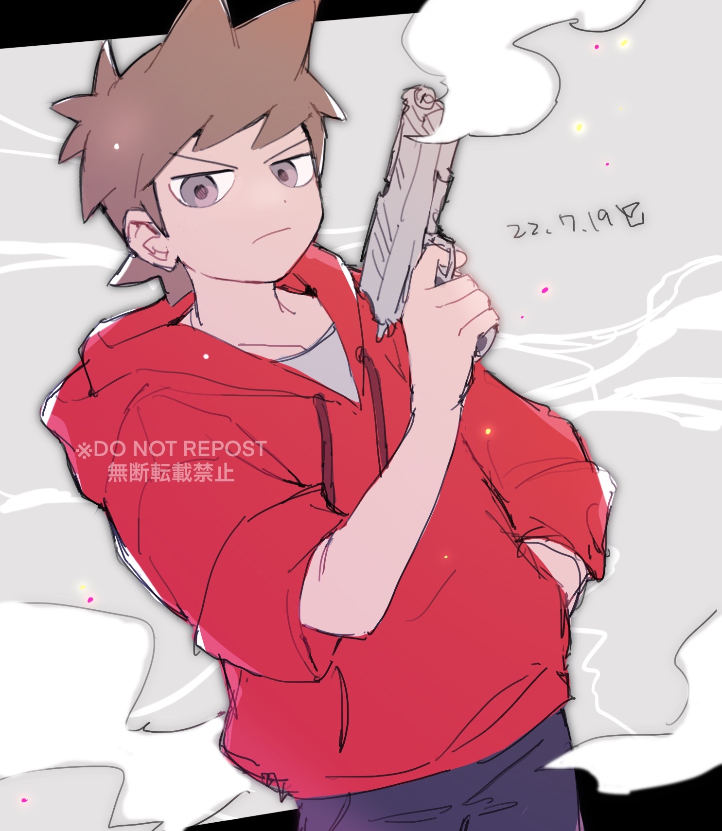 petoke, eddsworld, commentary request, highres, partial commentary, 1boy, :/, animification, antenna hair, bandage on cheek, bandage on face, bandages, blue pants, brown hair, cowboy shot, dated, drawstring, flipped hair, grey background, grey eyes, gun, hair ears, hand in pocket, holding, holding gun, holding weapon, hood, hood down, hoodie, long sleeves, looking at viewer, male focus, pants, red hoodie, shirt, short hair, simple background, smoke, solo, tord (eddsworld), watermark, weapon, white shirt