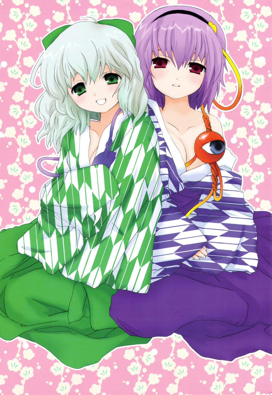 komeiji koishi, komeiji satori, touhou, highres, 2girls, female focus, green hair, multiple girls, purple hair, third eye