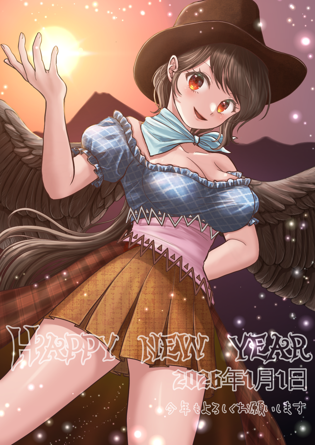 kyabekko, kurokoma saki, touhou, commentary request, highres, translation request, 1girl, 2026, bandana, bandana around neck, blue bandana, breasts, brown hat, brown wings, cleavage, cowboy hat, feathered wings, happy new year, hat, looking at viewer, new year, open mouth, red eyes, smile, solo, sun, wings