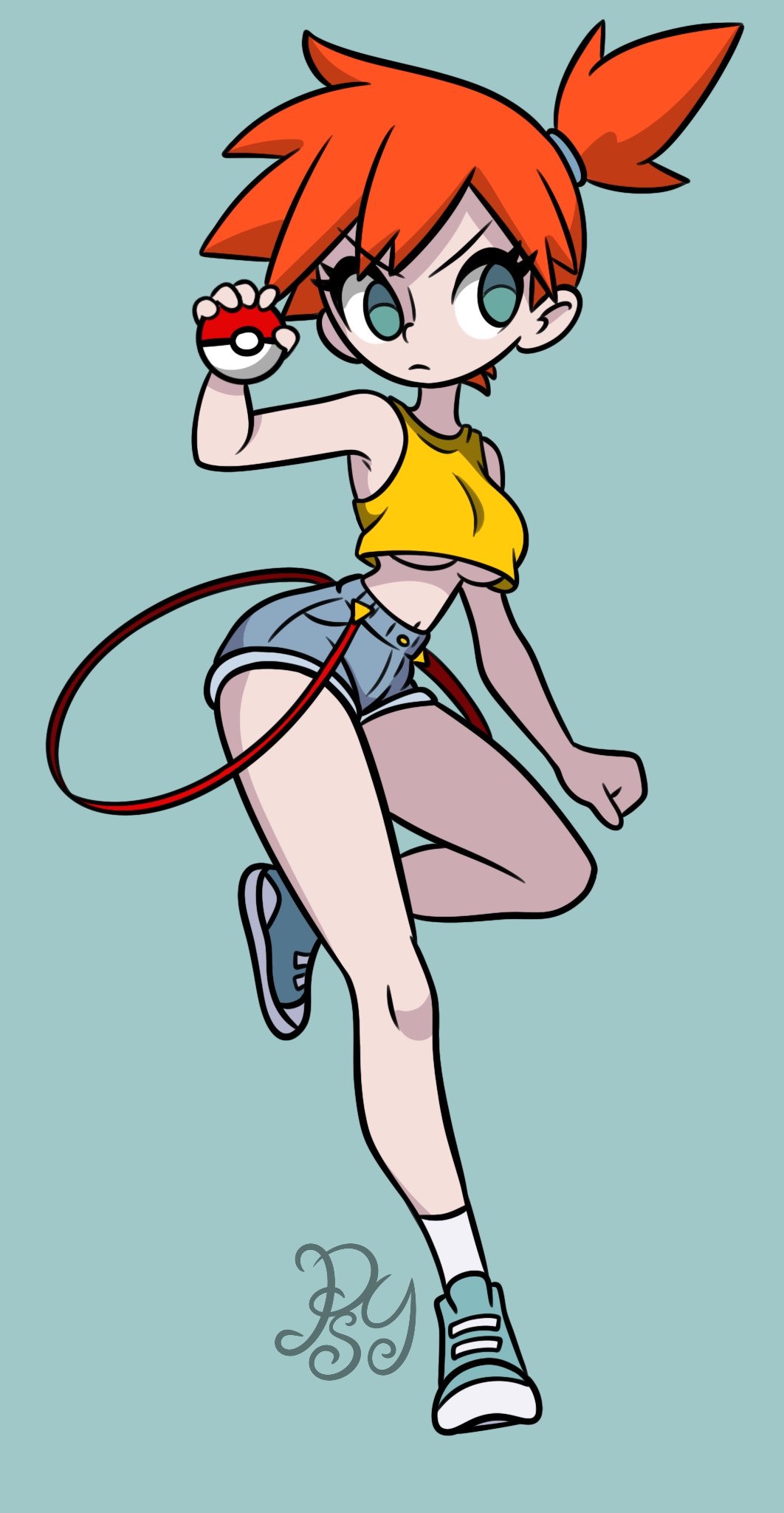 misty (pokemon), nintendo, pokemon, pokemon (anime), pokemon (classic anime), pokemon rgby, highres, 1girl, asymmetrical hair, bare arms, bare legs, bare shoulders, blue shorts, breasts, clenched hand, closed mouth, crop top, crop top overhang, denim, denim shorts, frown, green eyes, hair tie, hand up, holding, holding poke ball, leg up, legs, looking to the side, medium breasts, midriff, navel, orange hair, poke ball, poke ball (basic), ponytail, portrait, psy (sossydoodels), shirt, shoes, short hair, short ponytail, short shorts, shorts, side ponytail, sleeveless, sleeveless shirt, sneakers, socks, solo, standing, standing on one leg, suspender shorts, suspenders, tank top, thighs, underboob, v-shaped eyebrows, white socks, yellow shirt, yellow tank top