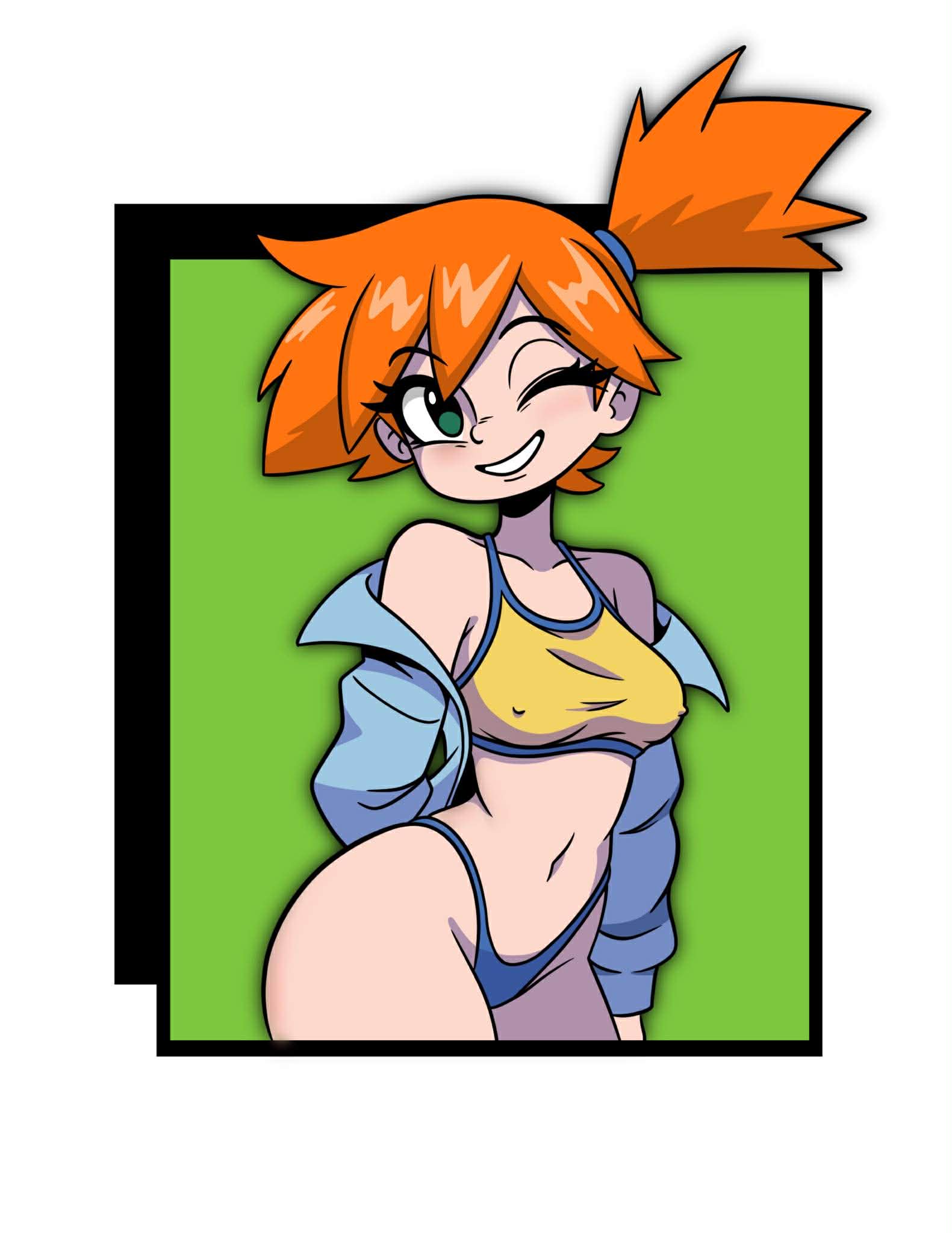 misty (pokemon), nintendo, pokemon, pokemon (anime), pokemon (classic anime), pokemon rgby, highres, 1girl, arm behind back, asymmetrical hair, bare shoulders, bikini, bikini bottom only, blue bikini, blue jacket, breasts, covered erect nipples, green eyes, grin, highleg, highleg bikini, jacket, looking at viewer, medium breasts, navel, off shoulder, one eye closed, open clothes, open jacket, orange hair, ponytail, psy (sossydoodels), short hair, side ponytail, smile, solo, sports bikini, sportswear, swimsuit, tank top, tankini, underwear