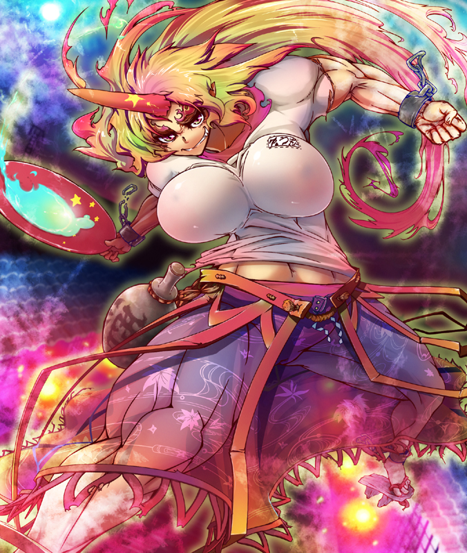 kage houshi, hoshiguma yuugi, touhou, eyebrows, 1girl, blonde hair, breasts, cup, female focus, horns, huge breasts, impossible clothes, impossible shirt, long hair, muscular, pointy ears, red eyes, sakazuki, shirt, single horn, solo