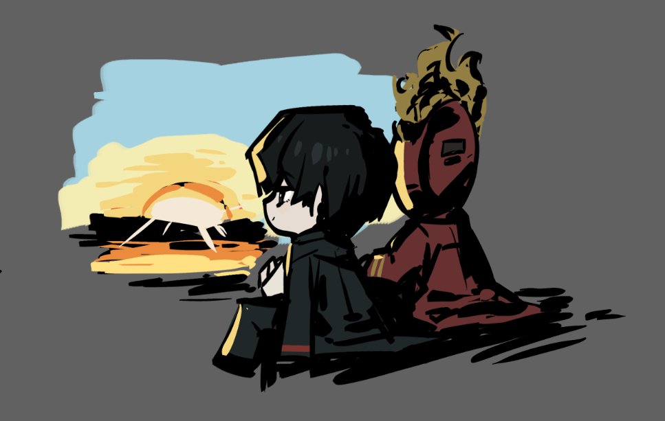 dante (limbus company), yi sang (project moon), limbus company, project moon, commentary, official art, 1boy, 1other, black coat, closed mouth, coat, coat on shoulders, dated commentary, fire, grey background, happy, long sleeves, red coat, simple background, sitting, smile, sunrise