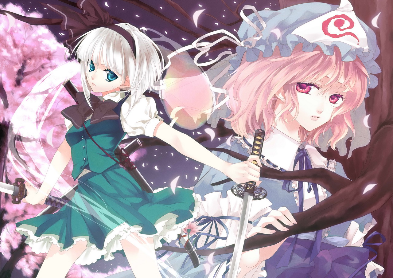 kojoz, konpaku youmu, konpaku youmu (ghost), saigyouji yuyuko, touhou, silver hair, bad id, bad pixiv id, 2girls, blue eyes, female focus, ghost, hairband, hat, katana, multiple girls, nature, outdoors, pink hair, plant, short hair, skirt, sky, sword, weapon