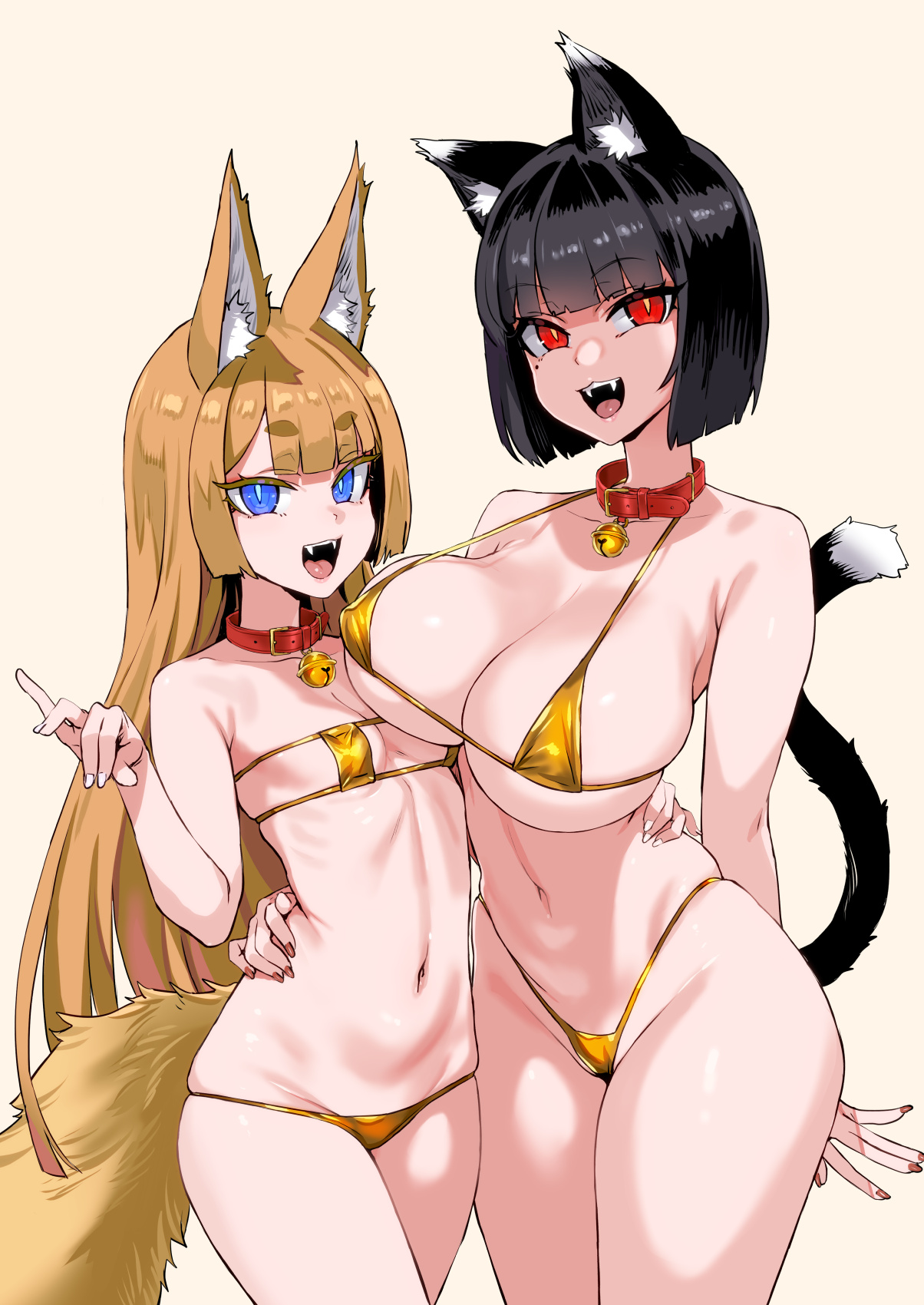 asanagi, original, commentary request, highres, 2girls, :d, animal ears, bell, bikini, black hair, breasts, brown hair, cat ears, cat girl, cat tail, collar, fox ears, fox girl, fox tail, gold bikini, jingle bell, large breasts, long hair, looking at viewer, micro bikini, multiple girls, navel, neck bell, open mouth, red collar, red eyes, short hair, simple background, small breasts, smile, swimsuit, tail, yellow background