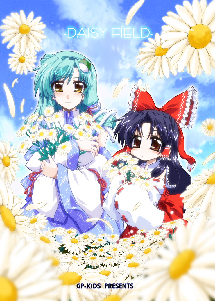 takana shinno, hakurei reimu, kochiya sanae, touhou, 2girls, black hair, blue sky, blush, bow, brown eyes, dated, day, detached sleeves, female focus, flower, frog hair ornament, green eyes, green hair, hair bow, hair ornament, looking at viewer, multiple girls, red bow, ribbon-trimmed sleeves, ribbon trim, sky, tareme, text focus