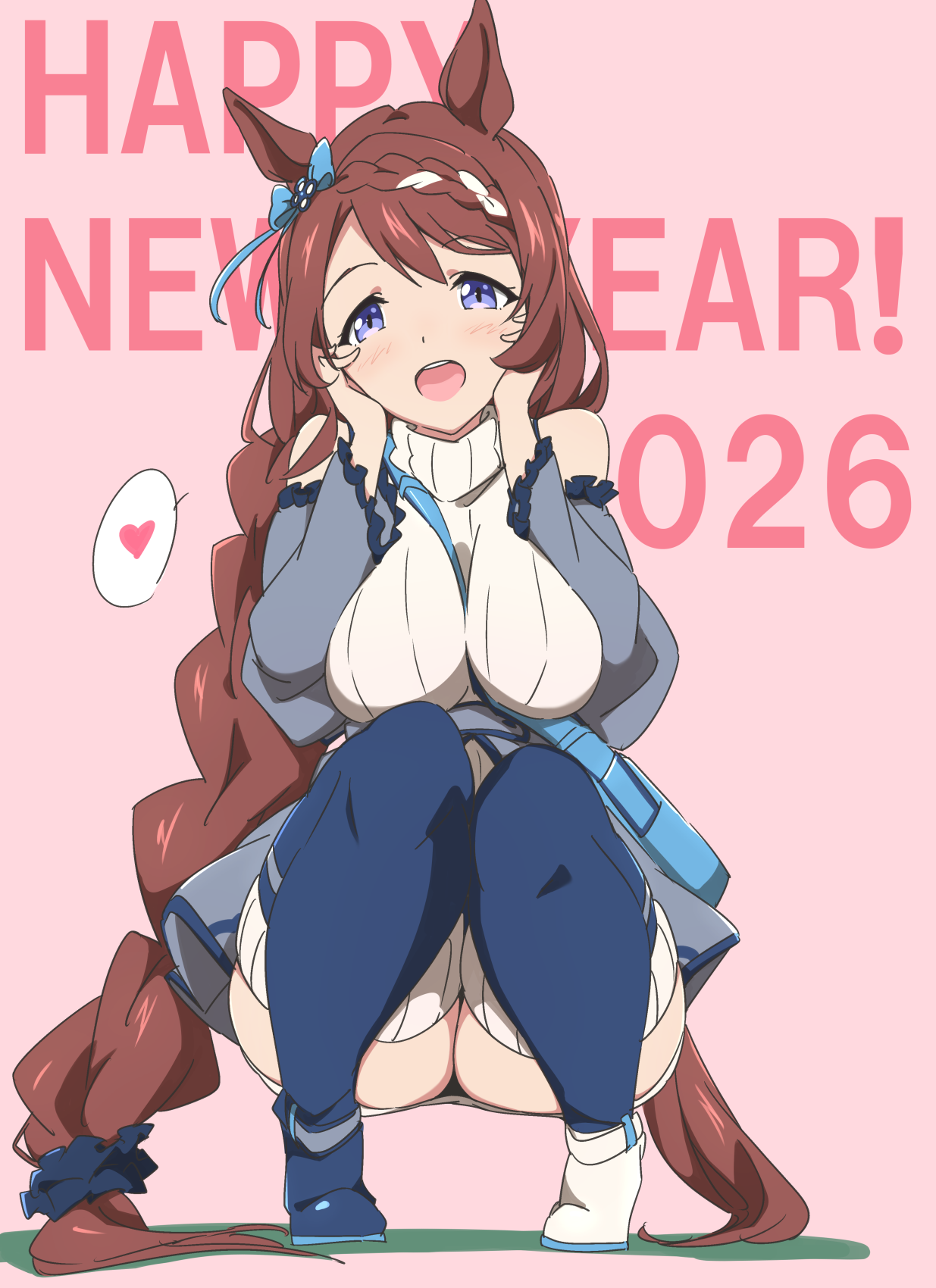 umanosuke, super creek (umamusume), umamusume, commentary request, highres, 2026, :d, animal ears, asymmetrical footwear, black thighhighs, blue bow, blue shoes, blush, bow, breasts, brown hair, ear bow, happy new year, horse ears, horse girl, horse tail, large breasts, long hair, looking at viewer, mismatched footwear, multicolored hair, new year, open mouth, pink background, shoes, simple background, smile, squatting, streaked hair, sweater, tail, thighhighs, white hair, white shoes, white sweater