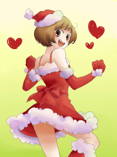 m.yasuko, mysk918, satonaka chie, atlus, persona, persona 4, 1girl, bare shoulders, blush, boots, brown eyes, brown hair, christmas, dress, elbow gloves, female focus, fur-trimmed headwear, fur trim, gloves, green background, hat, heart, looking back, panties, red boots, red gloves, red hat, ribbon, santa costume, santa hat, short hair, skirt, smile, solo, underwear