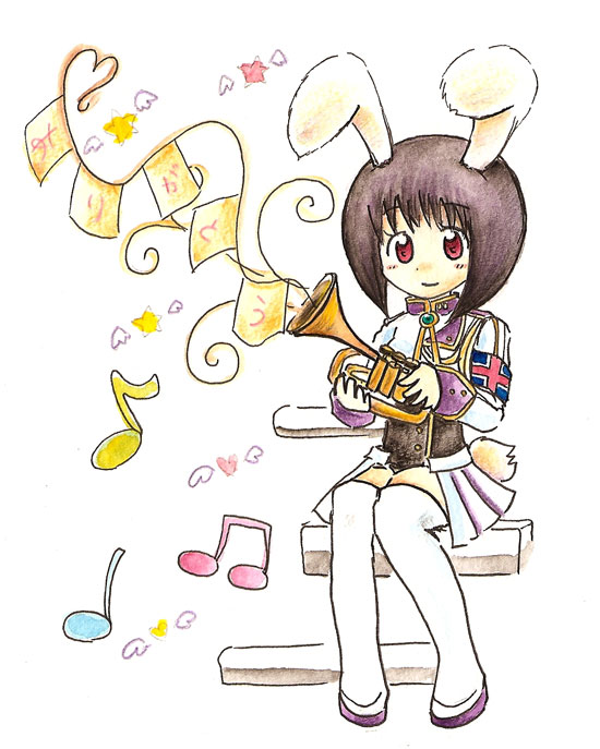 kawasemi kao, chiester556, umineko no naku koro ni, 00s, 1girl, animal ears, armband, black hair, female focus, instrument, jacket, rabbit ears, red eyes, short hair, showgirl skirt, solo, thighhighs, trumpet