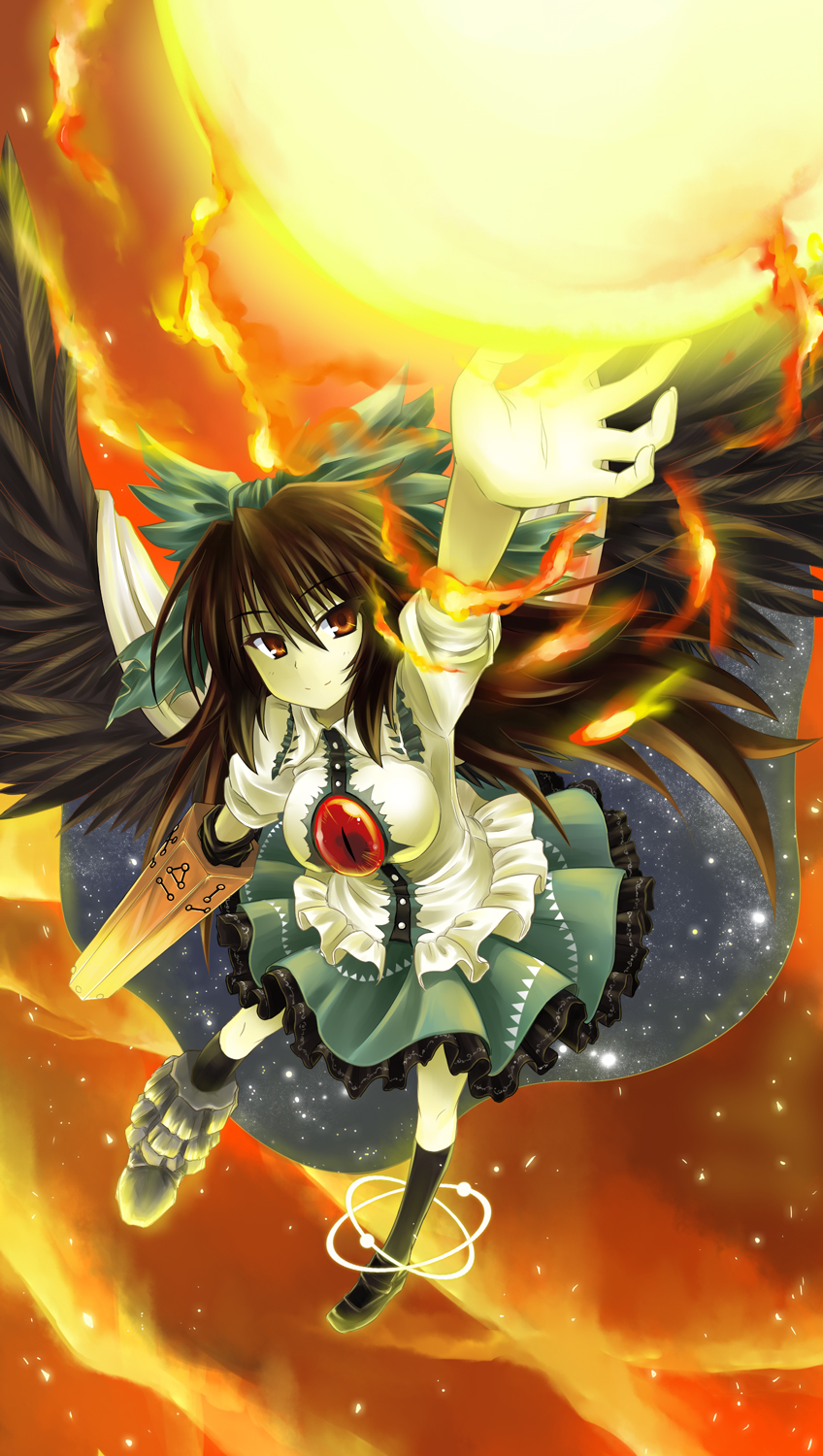 okitakung, reiuji utsuho, touhou, highres, 1girl, arm cannon, arm up, asymmetrical clothes, asymmetrical footwear, bow, brown hair, cape, female focus, hair bow, large bow, mismatched footwear, orange eyes, solo, star (sky), weapon, wings