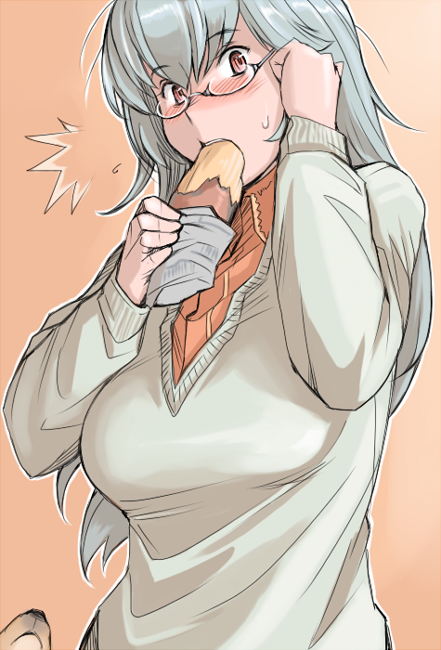 tsuda nanafushi, suigintou, rozen maiden, silver hair, 00s, 1girl, aged up, blush, breasts, casual, eating, female focus, food, glasses, large breasts, red eyes, sexually suggestive, solo, surprised, sweat, sweater