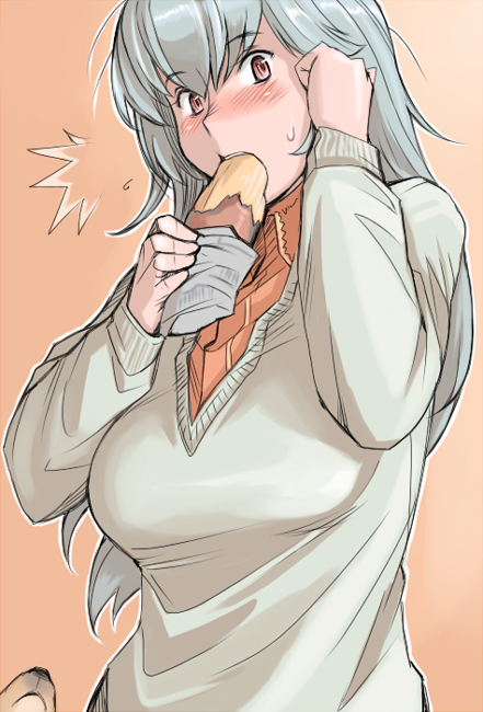 tsuda nanafushi, suigintou, rozen maiden, silver hair, 00s, 1girl, aged up, blush, breasts, casual, eating, female focus, food, large breasts, red eyes, sexually suggestive, solo, surprised, sweat, sweater