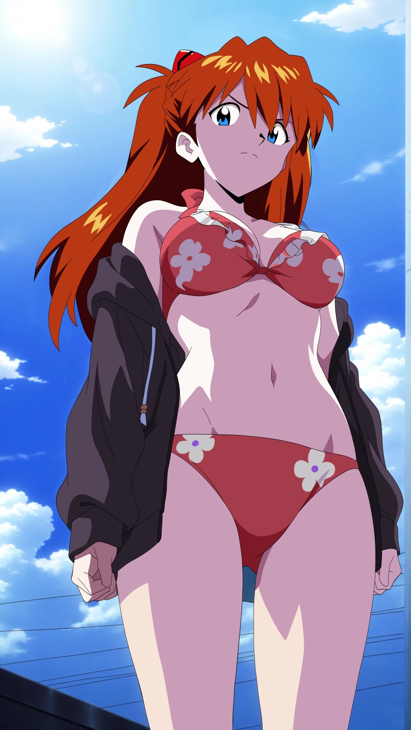 jaaaan, souryuu asuka langley, neon genesis evangelion, highres, 1girl, :<, bare arms, bare legs, bikini, blue background, blue eyes, breasts, brown hair, cleavage, curvy, day, flower print, from below, jacket, long hair, looking at viewer, medium breasts, multicolored bikini, navel, open clothes, open jacket, red bikini, shade, shiny skin, sideboob, simple background, skindentation, solo, standing, swimsuit, two-tone bikini