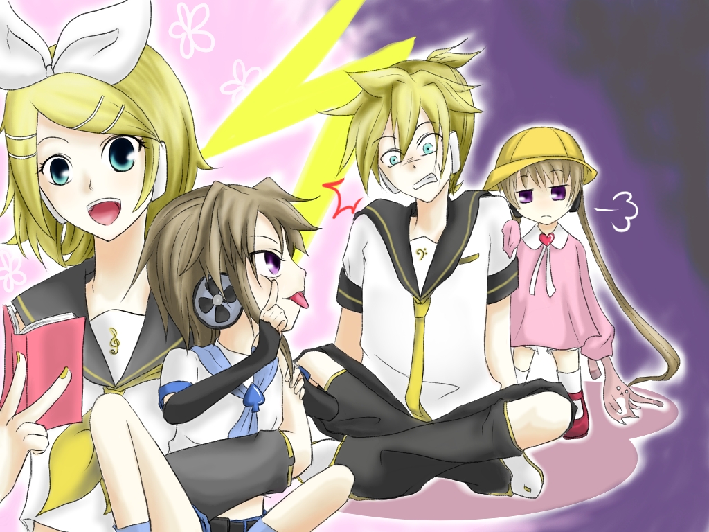 kagamine len, kagamine rin, tsukuyomi ai, tsukuyomi shouta, vocaloid, voiceroid, 2boys, 2girls, blonde hair, brown hair, clenched teeth, hat, kindergarten uniform, long hair, multiple boys, multiple girls, school hat, short hair, simple background, teeth, very long hair